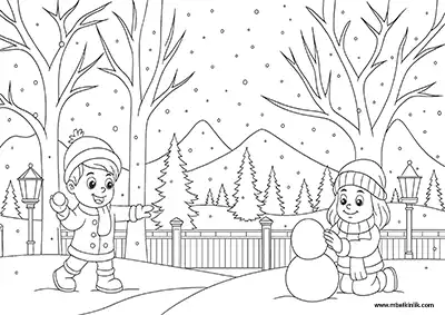 Karlı Parkta Kardan Adam Yapan Çocuklar Boyama Sayfası