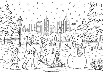 Karlı Şehir Parkında Kardan Adam ve Aile Boyama Sayfası