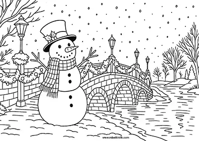 Karlı Köprü Önünde Kardan Adam Boyama Sayfası