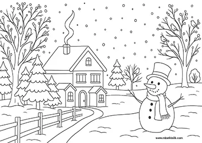 Karlı Bahçede Ev Önünde Kardan Adam Boyama Sayfası