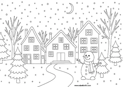 Karlı Gece Manzarasında Kardan Adam ve Evler Boyama Sayfası
