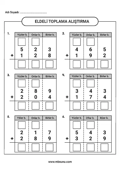 3. Sınıf Matematik – Eldeli Toplama Alıştırma Sayfası