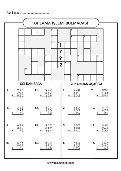 4. Sınıf Matematik – Toplama İşlemi Bulmacası