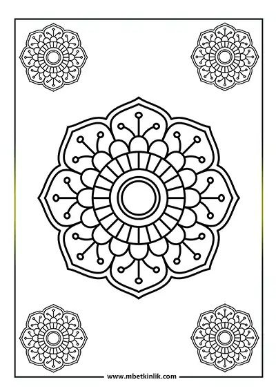 Kolay Mandala Boyama Sayfası – Çizgili Halka ve Daireli Yapraklar