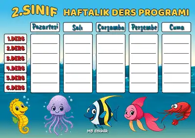 2. Sınıf Haftalık Ders Programı Şablonu – Deniz Canlıları Temalı