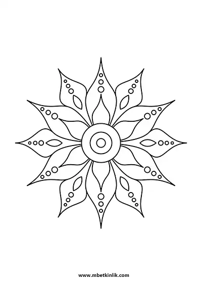 Kolay Mandala Boyama Sayfası – On İki Damla Uçlu Çiçek Deseni