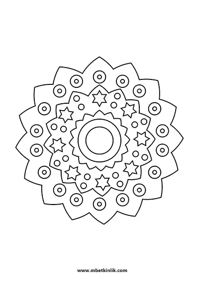 Kolay Mandala Boyama Sayfası – Yıldız ve Nokta Desenli Mandala