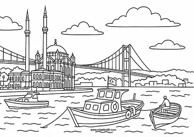 İstanbul Ortaköy Camii ve Boğaz Manzarası Boyama Sayfası