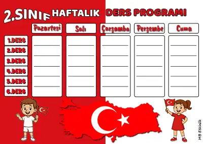 2. Sınıf Haftalık Ders Programı Şablonu – Türkiye Temalı