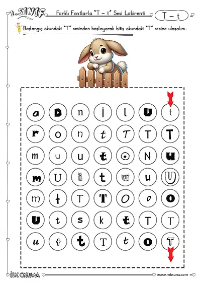 1. Sınıf İlk Okuma T Sesi Labirent Etkinliği – Farklı Fontlarla
