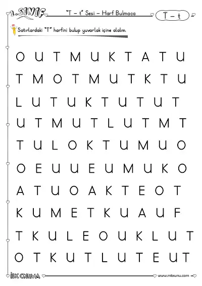 1. Sınıf İlk Okuma T Sesi Harf Bulmaca Etkinliği