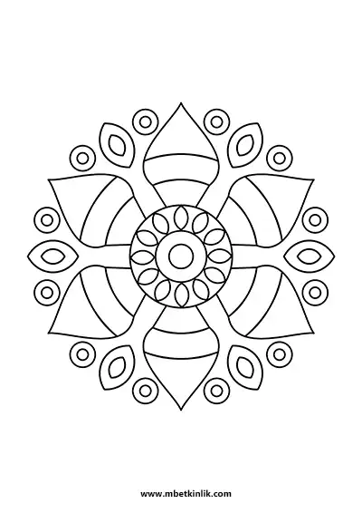 Kolay Mandala Boyama Sayfası – Şeritli Yaprak ve Daire Desenli