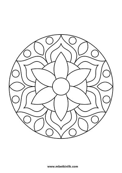 Kolay Mandala Boyama Sayfası – Altı Yaprak ve Damla Desenli