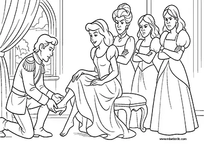 Cinderella ve Camdan Ayakkabı Deneme Sahnesi Boyama Sayfası