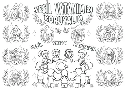 İlk Ders İçin "Orman Yangınlarına Karşı Yeşil Vatanı Korumak" Temalı 16 Parçalı Boyama Sayfası