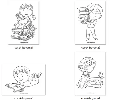 Kitap Okuyan Çocuklar Boyama Sayfaları Seti