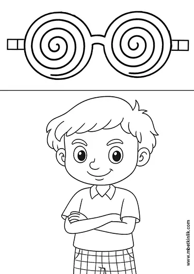 Kendinden Emin Erkek Çocuk – Sarmal Desenli 3D Gözlük Boyama Sayfası