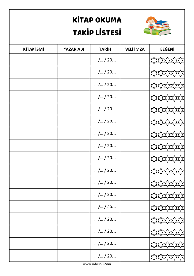 Kitap Okuma Takip Listesi – Beğeni ve Veli İmzalı Çizelge
