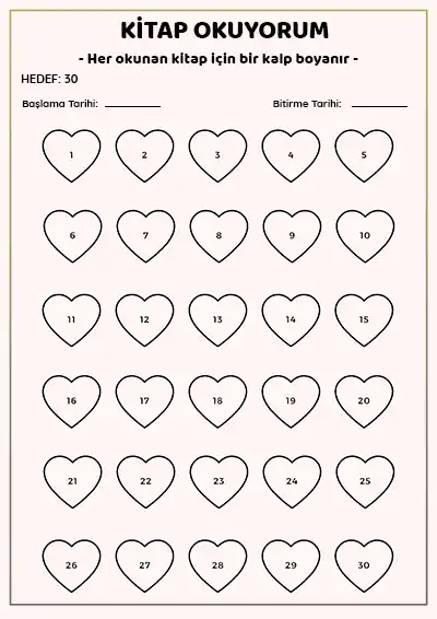 Kitap Okuyorum – 30 Kalpli Okuma Takip Çizelgesi