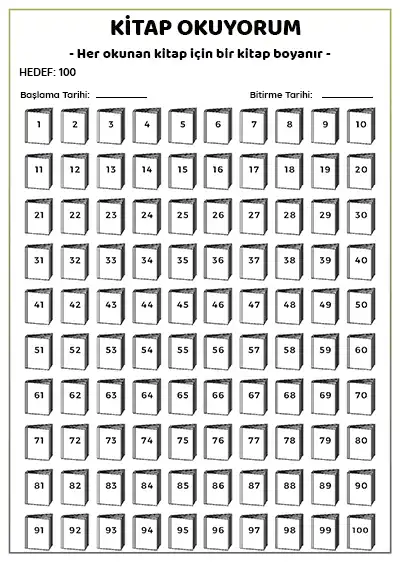 Kitap Okuyorum – 100 Kitaplık Takip Çizelgesi