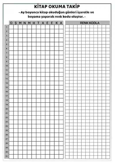Aylık Kitap Okuma Takip Çizelgesi – Renk Kodlamalı