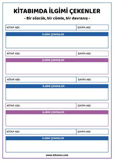 Kitabımda İlgimi Çekenler – Sözcük, Cümle ve Davranış Formu