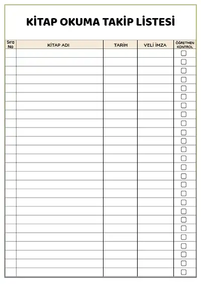 Kitap Okuma Takip Listesi – Veli İmzalı ve Öğretmen Kontrollü