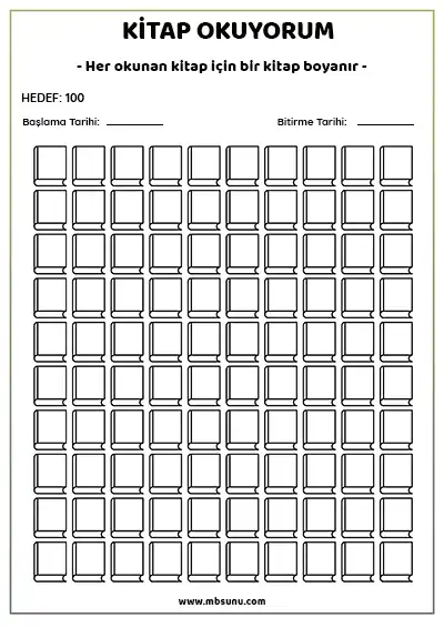 Kitap Okuyorum – 100 Kitaplık Boyamalı Takip Çizelgesi