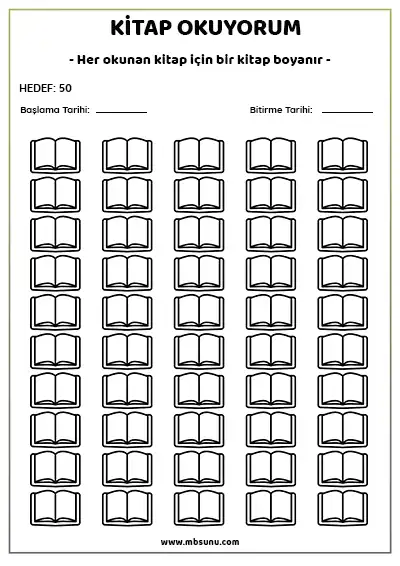 Kitap Okuyorum – 50 Kitaplık Boyamalı Takip Çizelgesi