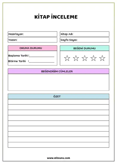 Kitap İnceleme Formu – Beğeni ve Özetli Değerlendirme