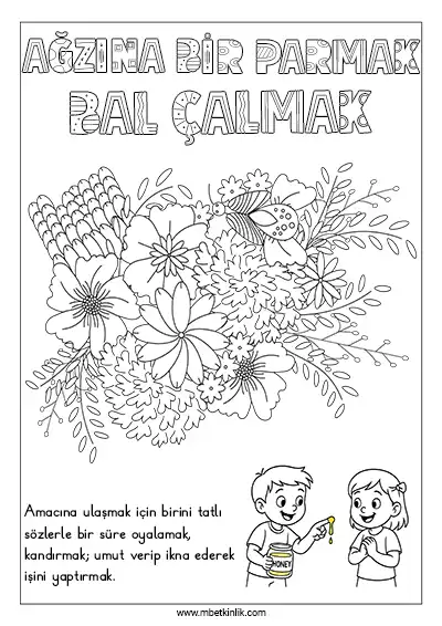 Resimli Deyim Boyama Sayfası: Ağzına Bir Parmak Bal Çalmak