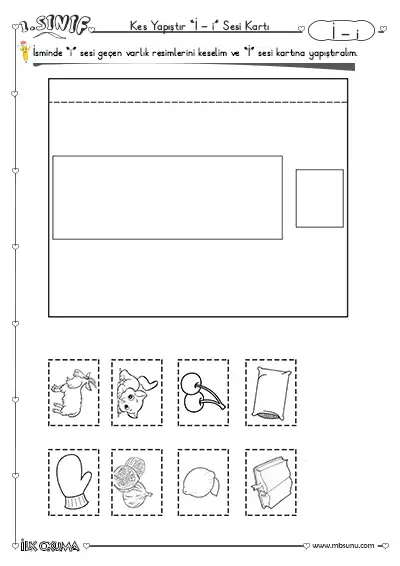 1. Sınıf İlk Okuma İ Sesi Kes Yapıştır Kart Etkinliği