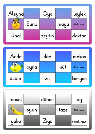 1. Sınıf - Sözcük Tombalası Oyunu (3.Grup Harflere Kadar) - PDF