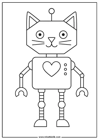 Sekizgen Kedi Kafalı ve Kalpli Gövdeli Robot Boyama Sayfası