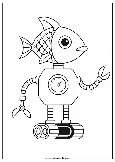 Balık Kafalı ve Göğsünde Gösterge Bulunan Robot Boyama Sayfası