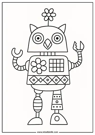 Çiçekli Baykuş Kafalı Robot Boyama Sayfası