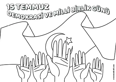 15 Temmuz Demokrasi ve Millî Birlik Günü – Eller ve Türk Bayrağı Boyama Sayfası