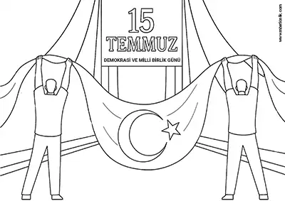 15 Temmuz Demokrasi ve Millî Birlik Günü – Köprüde Türk Bayrağı Boyama Sayfası