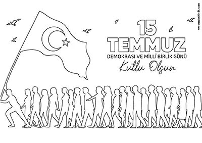 15 Temmuz Demokrasi ve Millî Birlik Günü – Bayrak Yürüyüşü Boyama Sayfası