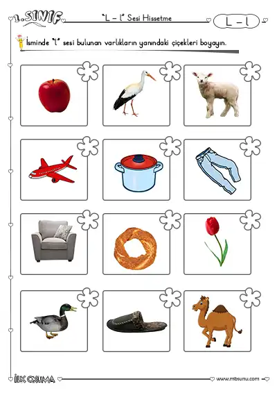1. Sınıf İlk Okuma L Sesi Hissettirme Etkinliği – Çiçekleri Boya