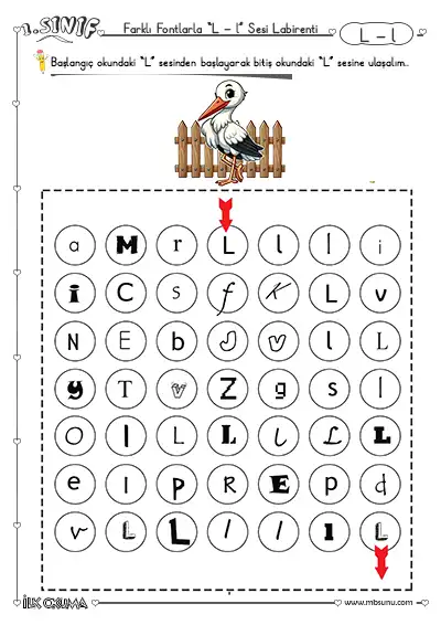 1. Sınıf İlk Okuma L Sesi Labirent Etkinliği – Farklı Fontlarla