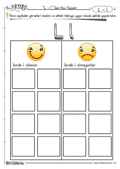 1. Sınıf İlk Okuma L Sesi Kes Yapıştır Etkinliği – Görselleri Tabloya Yerleştir