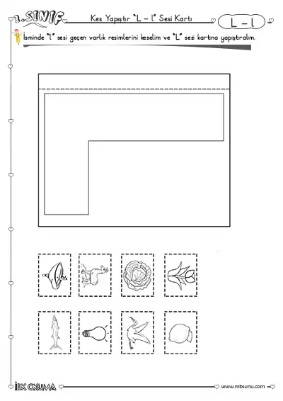 1. Sınıf İlk Okuma L Sesi Kes Yapıştır Kart Etkinliği