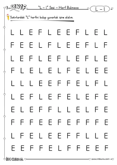 1. Sınıf İlk Okuma L Sesi Harf Bulmaca Etkinliği