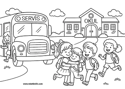 Okul Servisinden İnen ve Arkadaşına Sarılan Çocuklar Boyama Sayfası