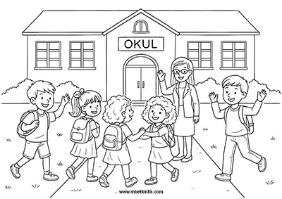 Okul Bahçesinde Öğrencilerini Karşılayan Öğretmen Boyama Sayfası