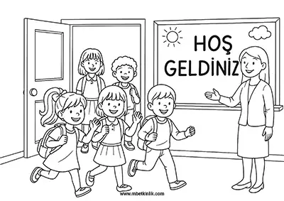 Sınıfa Giren ve Öğretmeni Tarafından Karşılanan Çocuklar Boyama Sayfası