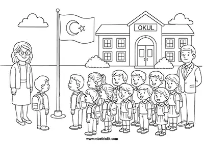 Okul Bahçesinde İstiklal Marşı Töreni Boyama Sayfası
