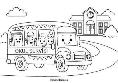 Sevimli Okul Servisi ve Kırtasiye Karakterleri Boyama Sayfası