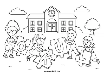 “OKUL” Yazısını Puzzle Parçalarıyla Oluşturan Çocuklar Boyama Sayfası